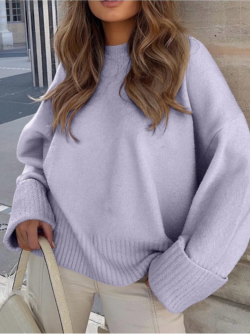 Women’s Oversized Sweater XL Lilac Crewneck Cuff Sleeve Soft Cozy Y2K